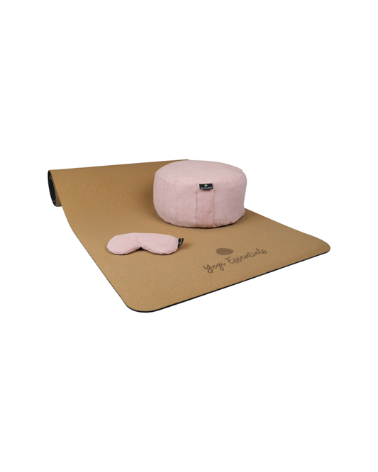 Yogi Essentials Pakket Yoga mat kurk, meditatiekussen en oogkussen - Roze Ribstof